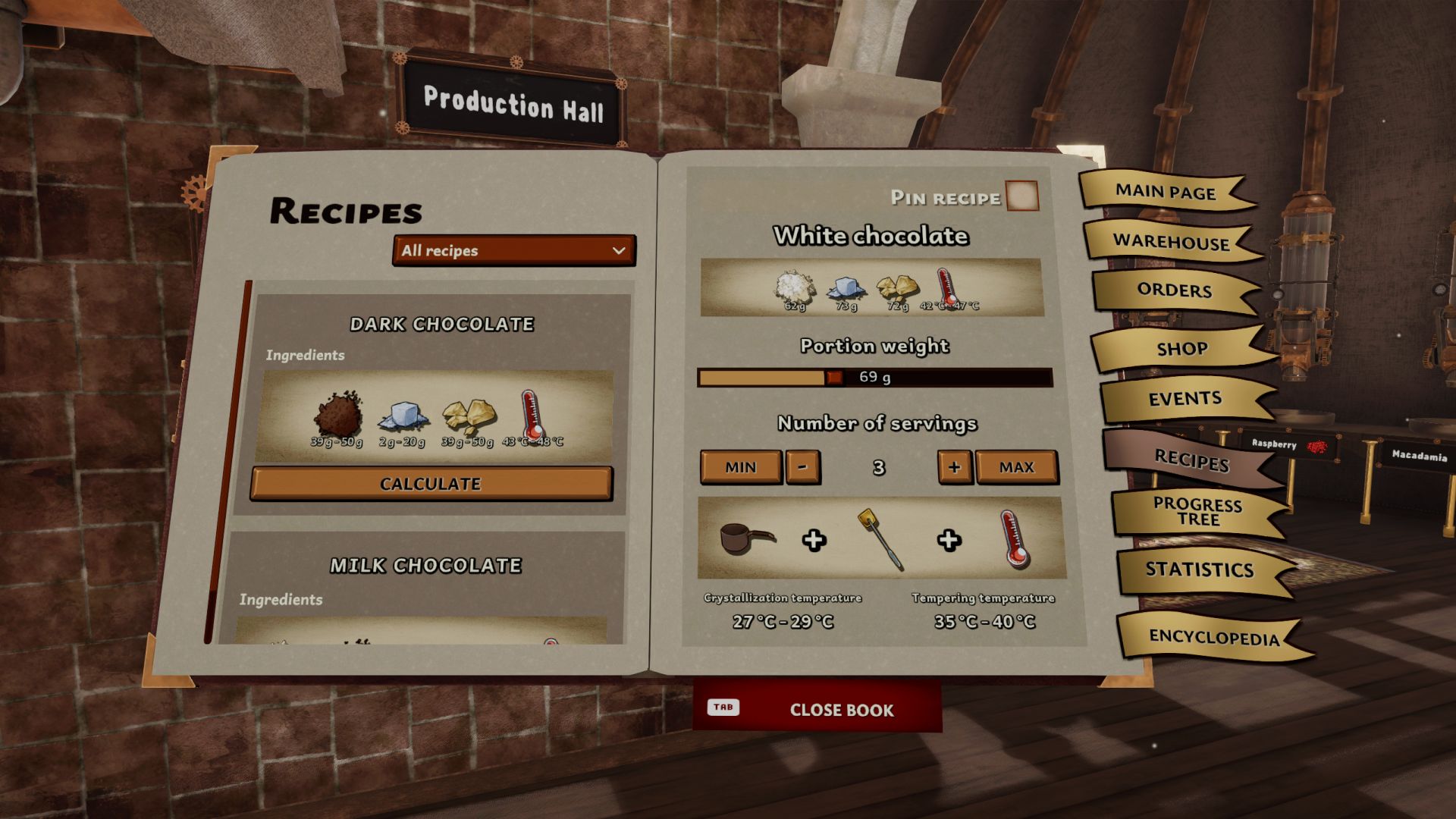 Chocolate Factory Simulator Settings in Recipe Book